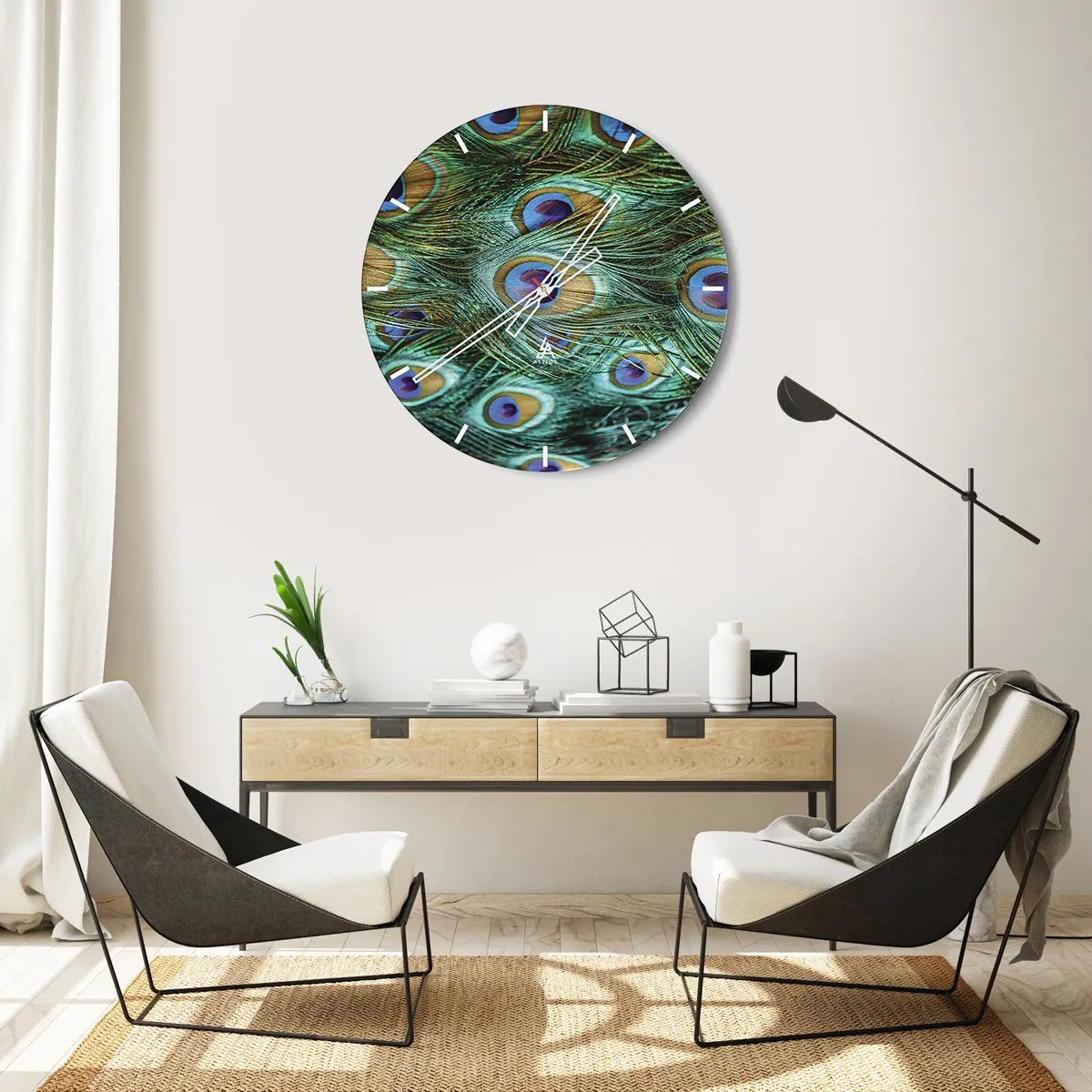 Wall clock - Clock on glass - Peacock feathers in green and blue shades - 30x30cm - Peacock Eyes - Modern wall decoration for the living room, kitchen, and bedroom ARTTOR