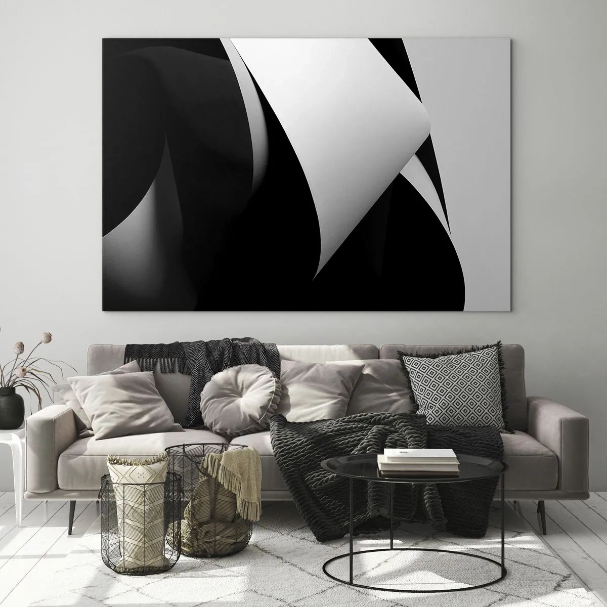 Glass picture - A minimalist composition with black and white planes - 70x50cm - Planes of Light Emerging from the Shadow - Modern wall decoration for the living room and bedroom ARTTOR