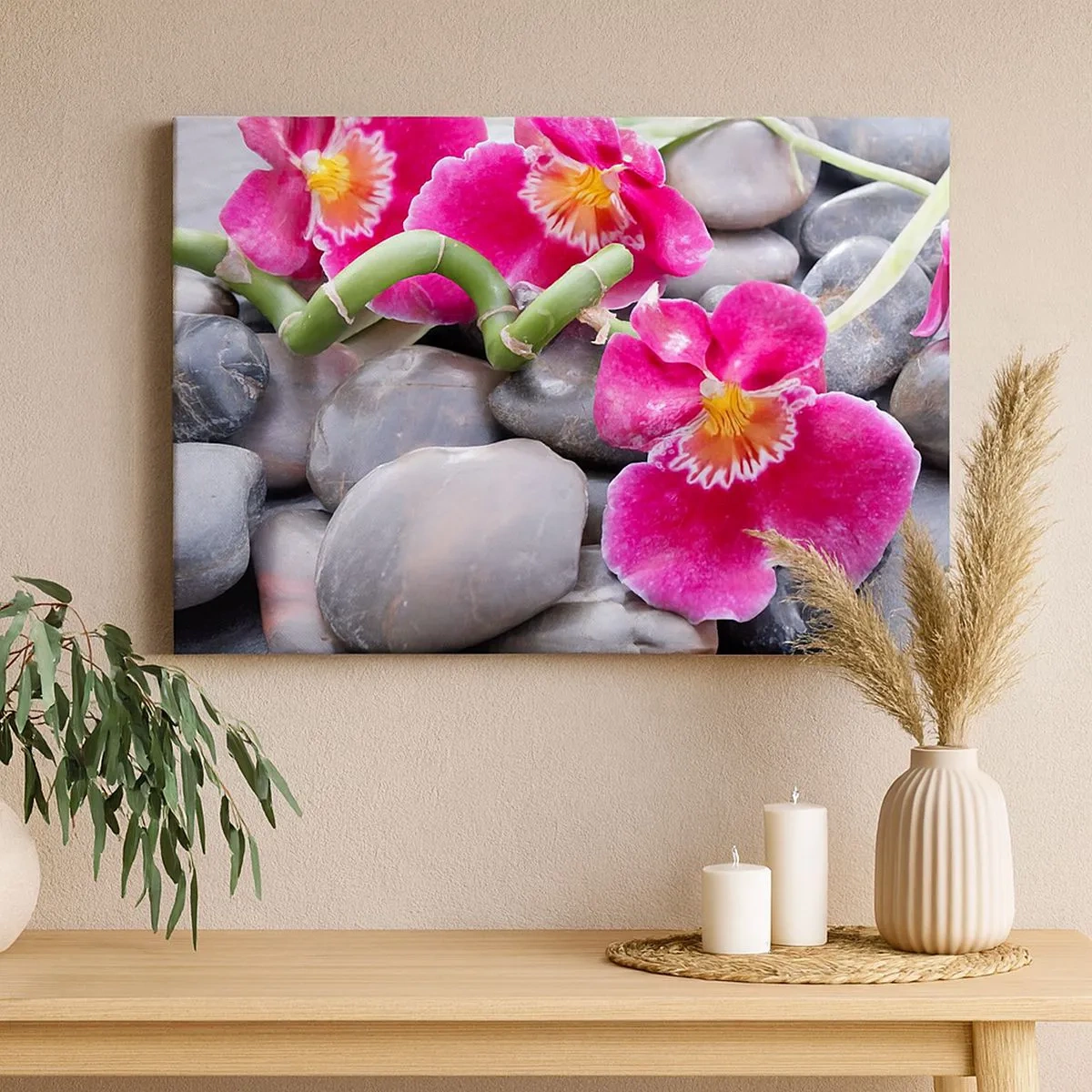 Canvas picture - Pink orchids against a background of smooth stones - 70x50cm - Coolness and Heat - Modern wall decoration for the living room and bedroom ARTTOR