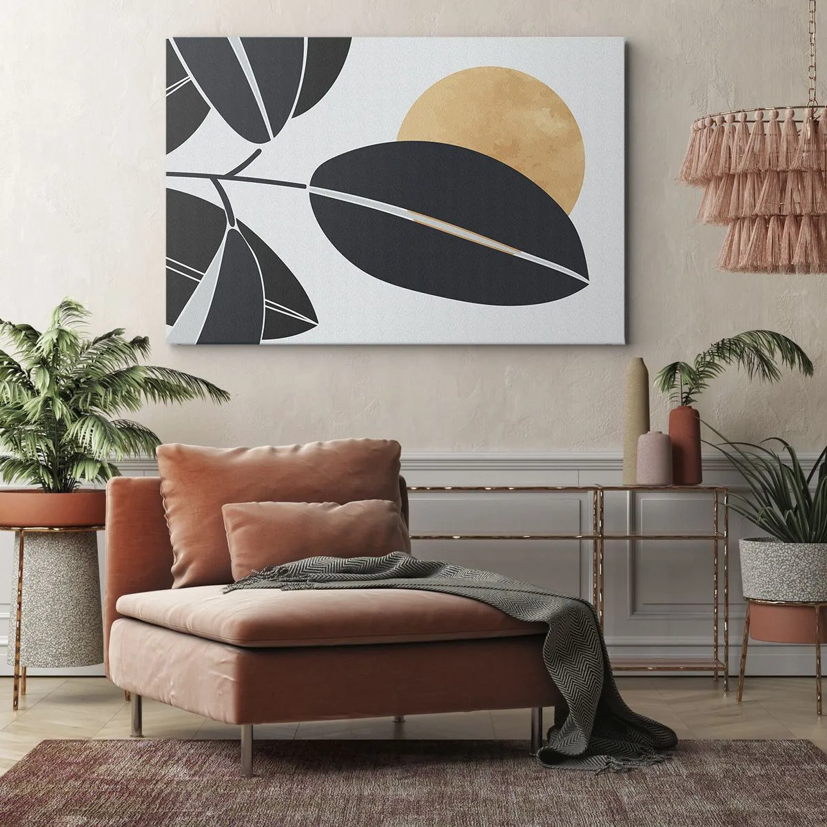Canvas picture - A minimalist leaf motif with a bright sun in the background. - 70x50cm - Hot Summer's Day - Modern wall decoration for the living room and bedroom ARTTOR