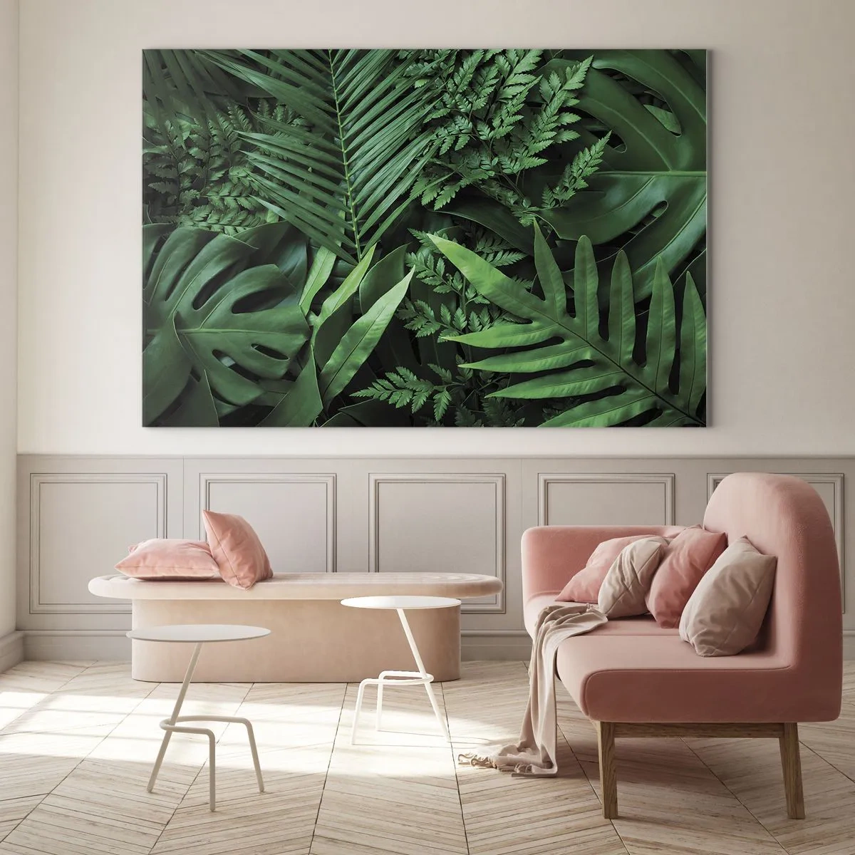Glass picture - Dense green leaves of tropical plants in the composition - 70x50cm - In a Green Hug - Modern wall decoration for the living room and bedroom ARTTOR