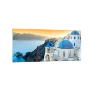 Glass picture - Santorini - Snuggling up to the Rocks - 120x50 cm