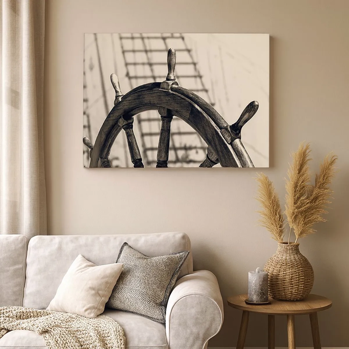 Canvas picture - A retro-style sailing rudder with a ship in the background - 70x50cm - Sea Tales - Modern wall decoration for the living room and bedroom ARTTOR