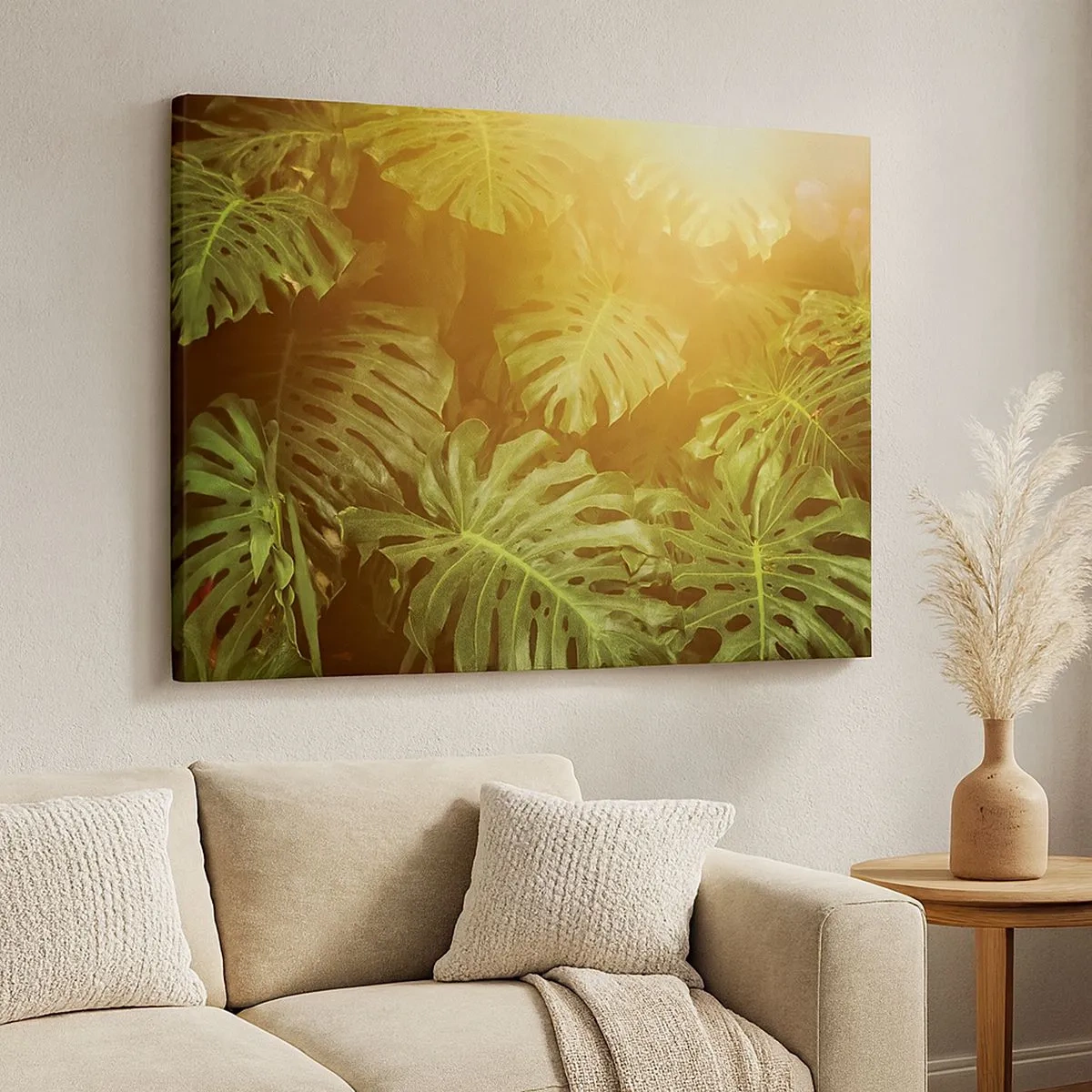 Canvas picture - Monstera leaves in the sunlight against a natural background - 70x50cm - Walking into the Green - Modern wall decoration for the living room and bedroom ARTTOR