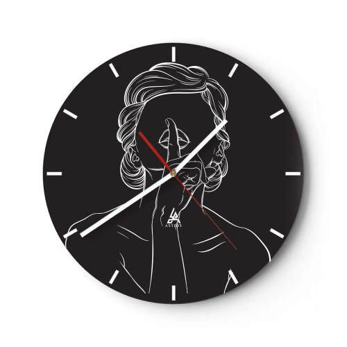 Wall clock - Clock on glass - A white outline of a woman with her finger to her mouth on a black background. - 30x30cm - Beauty Blossoms in Soul - Modern wall decoration for the living room, kitchen, and bedroom ARTTOR