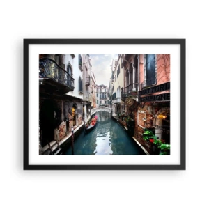 Poster in black frame - Venetian View with a Gondola and a Bridge - 50x40 cm