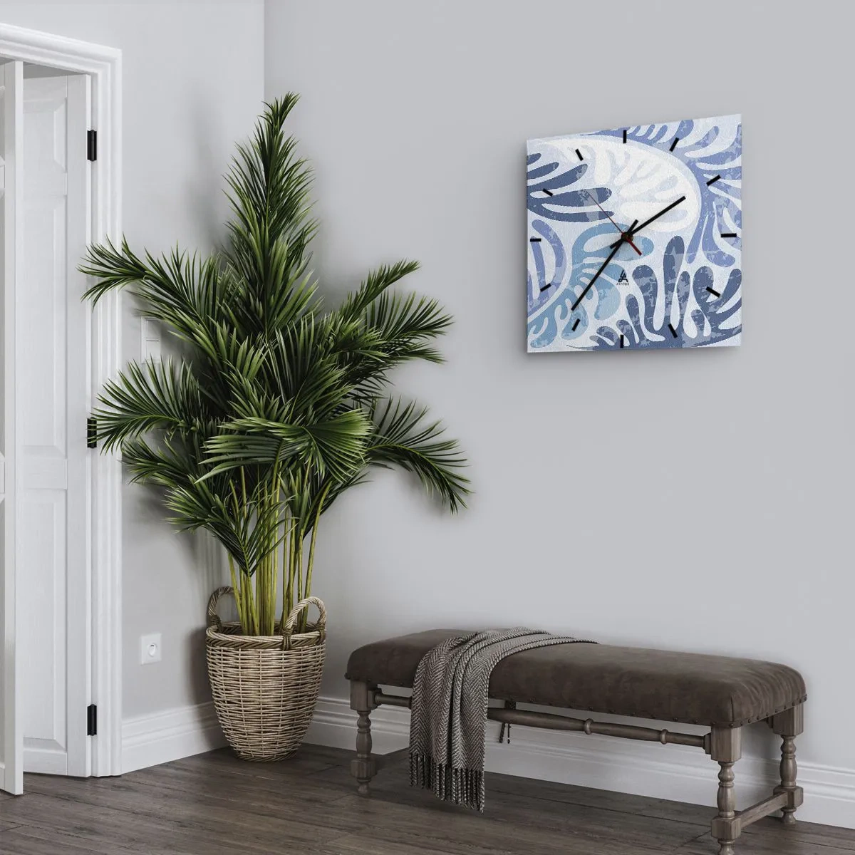 Wall clock - Clock on glass - Blue Ferns - 40x40 cm
