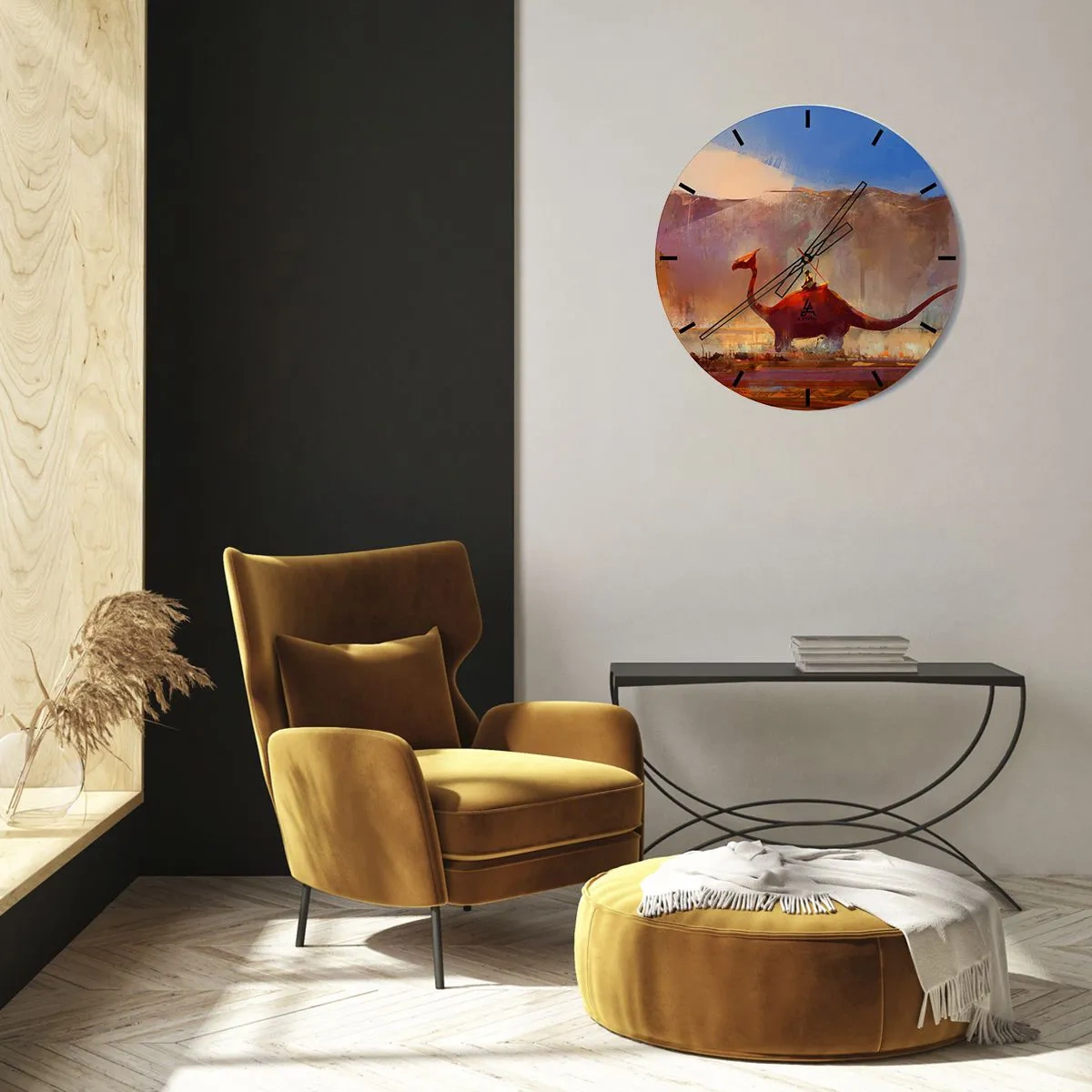 Wall clock - Clock on glass - A fantastic landscape with a dinosaur against the backdrop of mountains - 30x30cm - If They Hadn't Gone Extinct - Modern wall decoration for the living room, kitchen, and bedroom ARTTOR