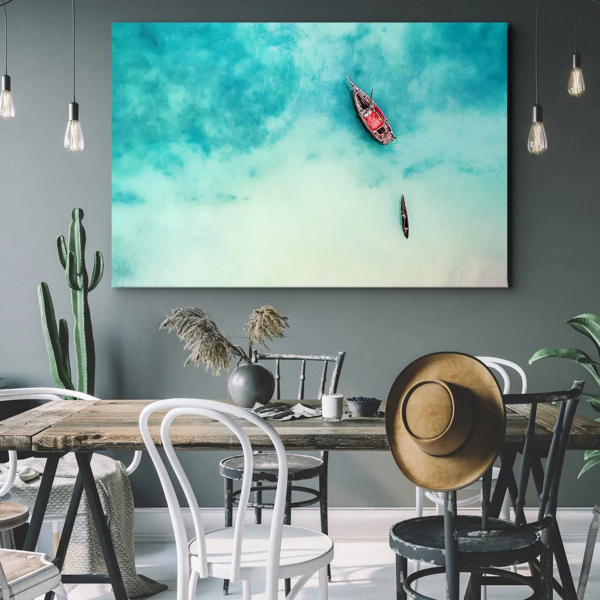 Canvas picture - Boats on turquoise water seen from a bird's eye view - 70x50cm - On the Beaches of Zanzibar, When the Tide Is High - Modern wall decoration for the living room and bedroom ARTTOR