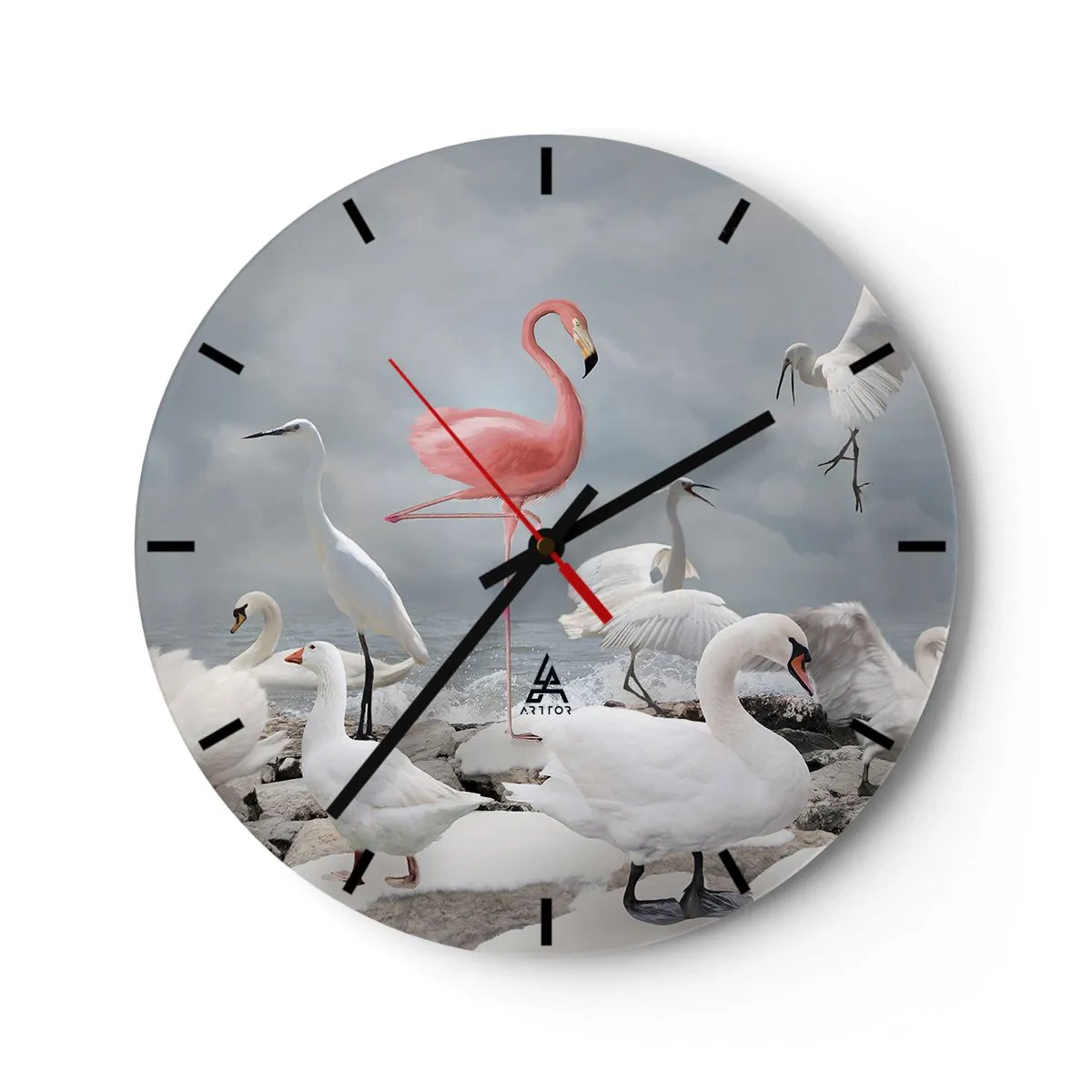 Wall clock - Clock on glass - A pink flamingo among white swans and herons over the water - 30x30cm - Where Did I Come from? - Modern wall decoration for the living room, kitchen, and bedroom ARTTOR