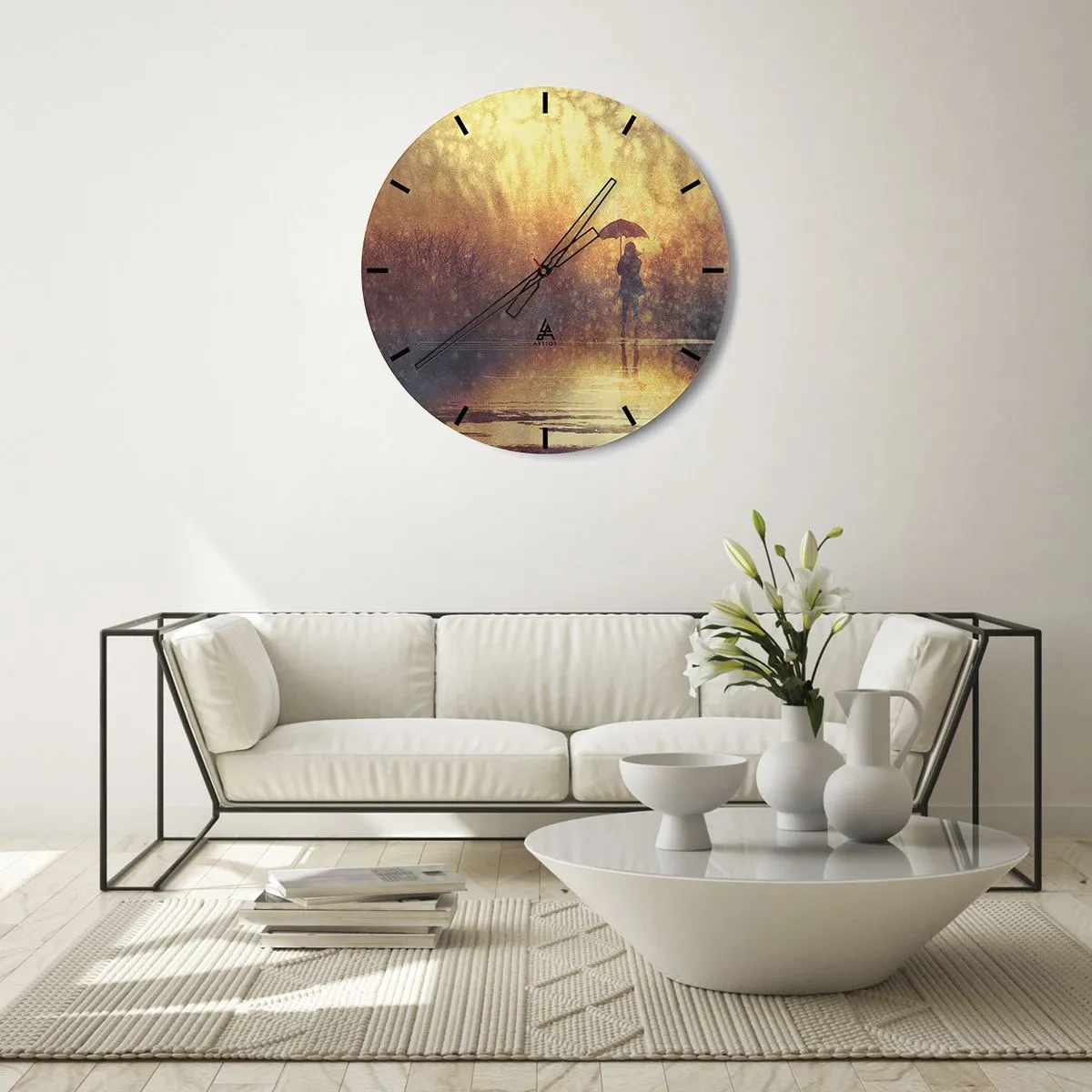 Wall clock - Clock on glass - A figure with an umbrella against the background of rain and warm light - 30x30cm - I Think Someone Is Watching Me - Modern wall decoration for the living room, kitchen, and bedroom ARTTOR