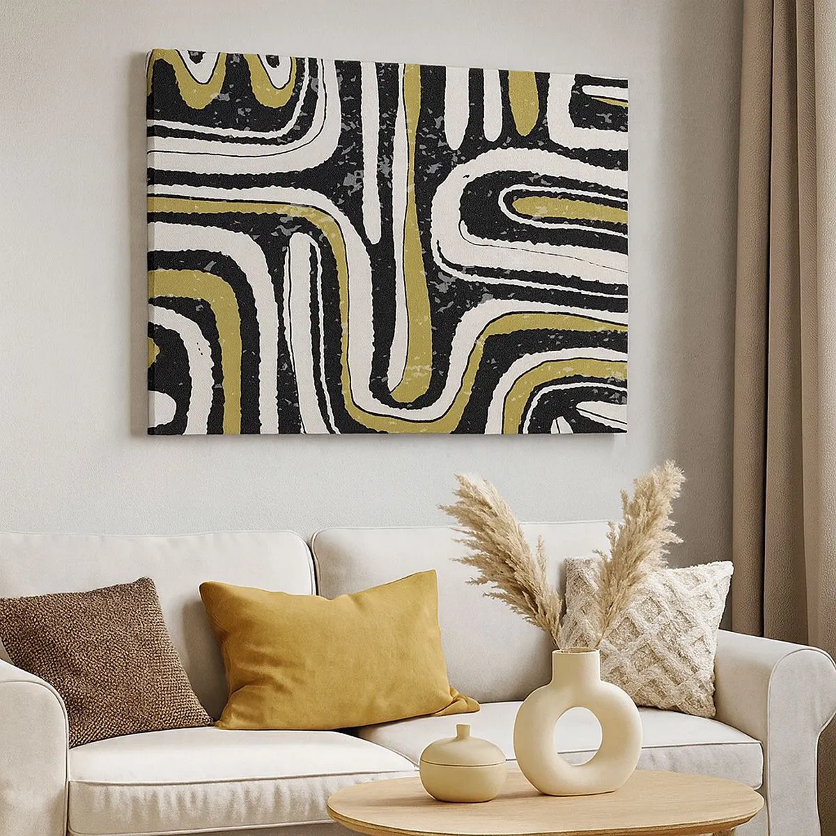 Canvas picture - Abstract pattern in black, white and gold - 70x50cm - Compositions: Tracks and Alleys - Modern wall decoration for the living room and bedroom ARTTOR