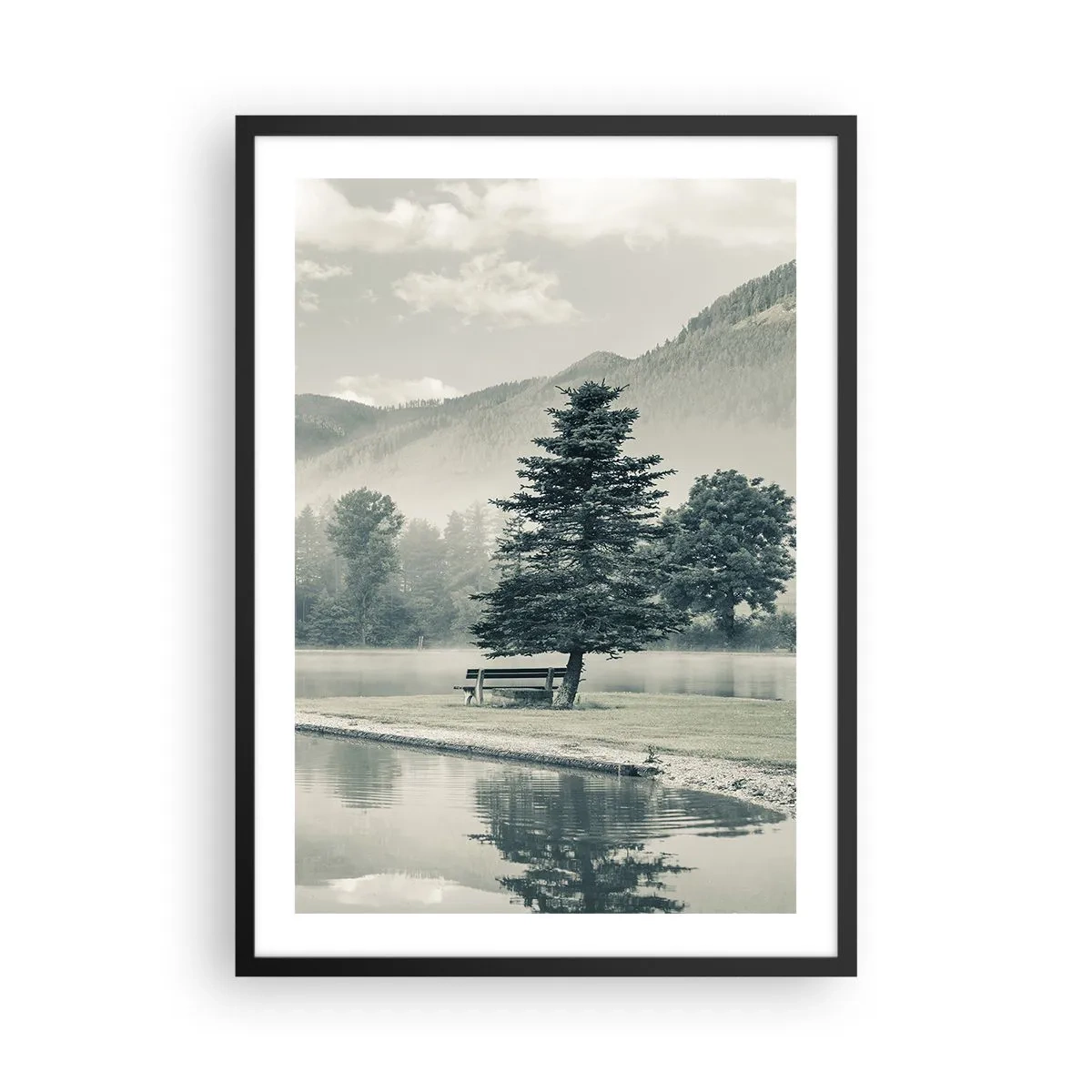 Poster in black frame - A bench under a tree by a lake with a mountain backdrop - 50x70cm - Lake Is Still Asleep - Modern wall decoration for the living room and bedroom ARTTOR