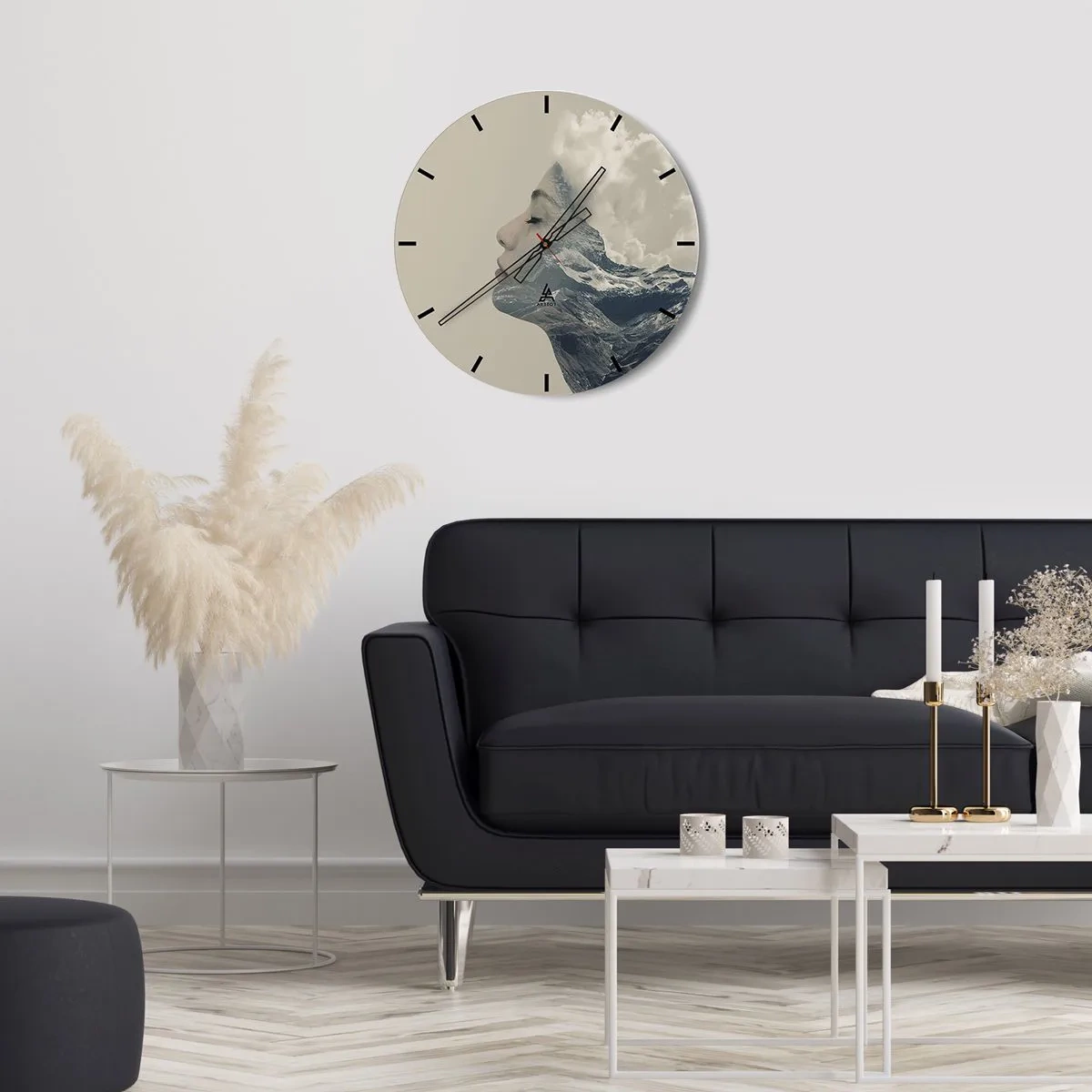 Wall clock - Clock on glass - A woman's face intertwined with a mountain landscape - 30x30cm - Beauty of Elements - Modern wall decoration for the living room, kitchen, and bedroom ARTTOR