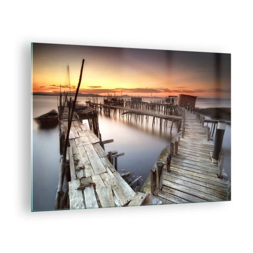 Glass picture - Wooden piers at sunset over a calm lake - 70x50cm - Authentic, Not a Tourist Trap - Modern wall decoration for the living room and bedroom ARTTOR