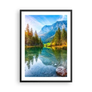 Poster in black frame - A lake in the mountains surrounded by trees and the reflection of the mountains in the water - 50x70cm - Mellow Autumn - Modern wall decoration for the living room and bedroom ARTTOR