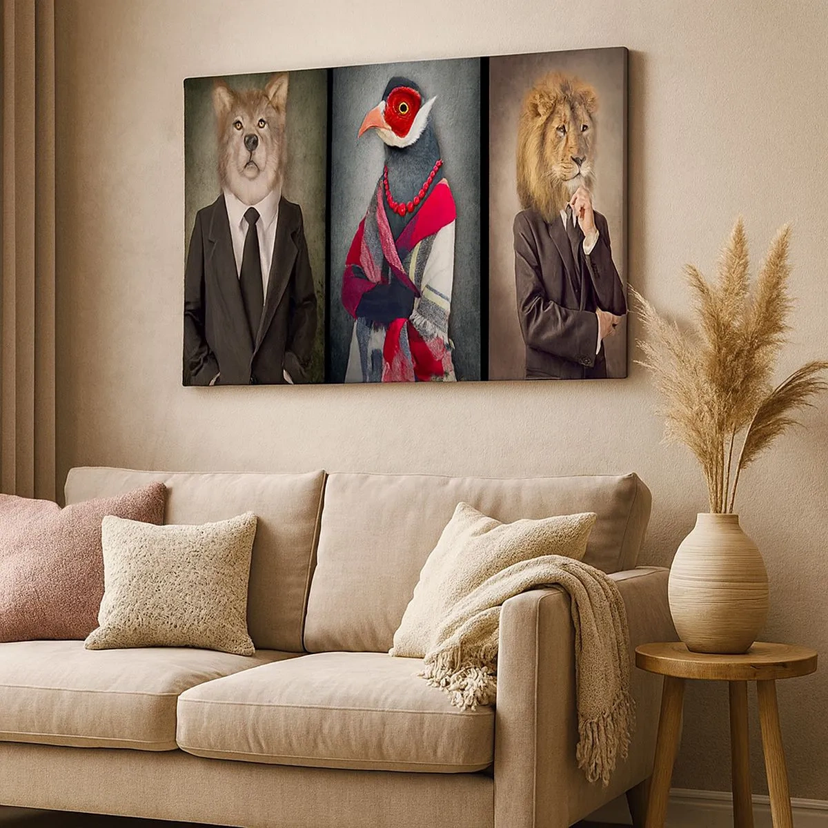 Canvas picture - Stylized portraits of a wolf, a pheasant, and a lion in elegant clothes - 70x50cm - What Am I Doing?! - Modern wall decoration for the living room and bedroom ARTTOR