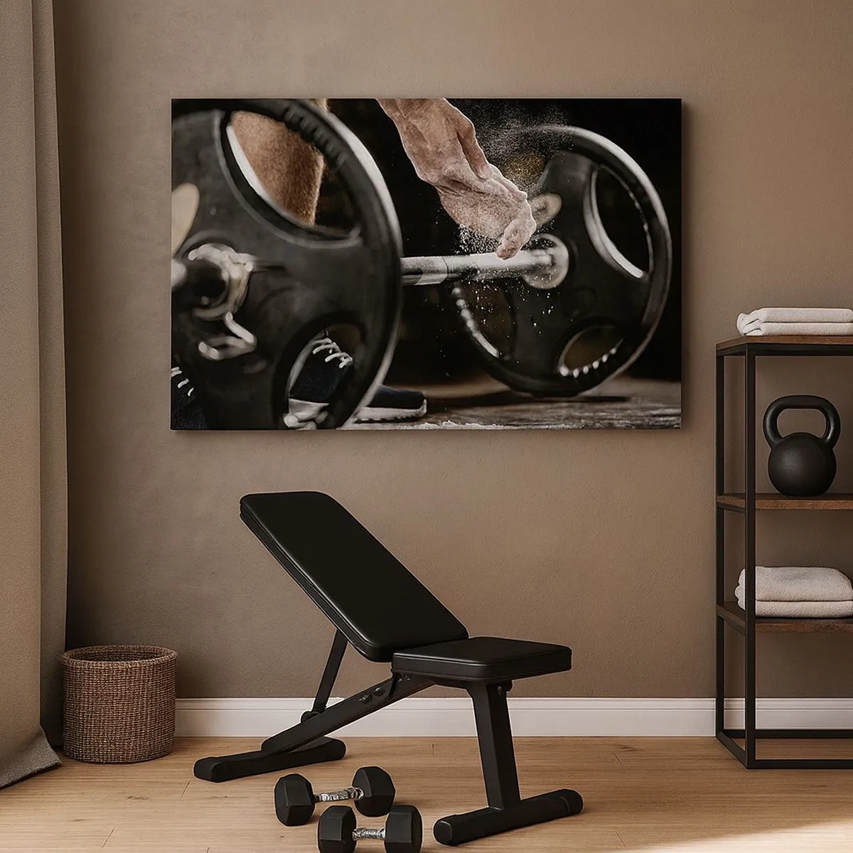 Canvas picture - Dumbbells and an athlete's hands preparing for training - 70x50cm - Challenge Accepted! - Modern wall decoration for the living room and bedroom ARTTOR