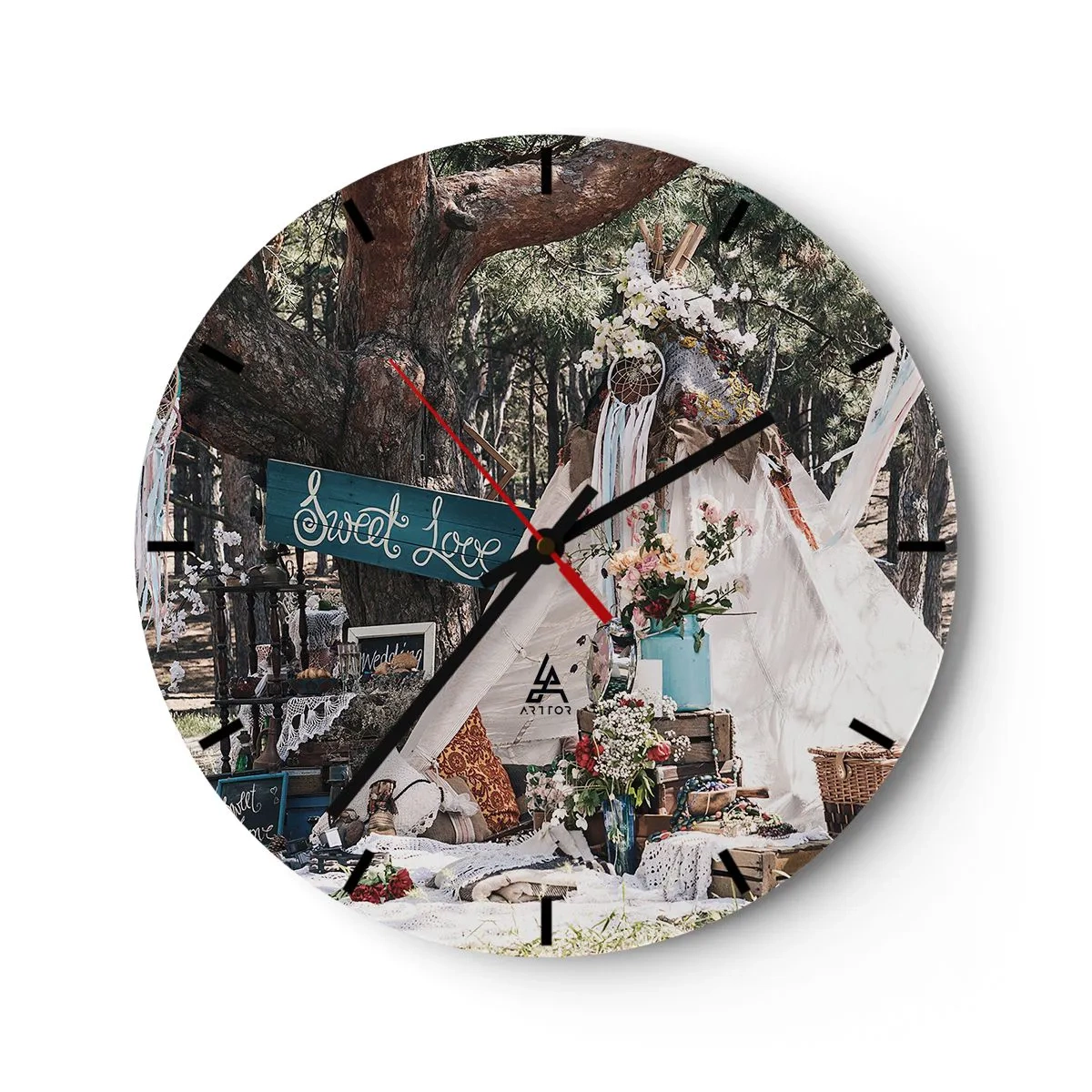 Wall clock - Clock on glass - Romantic wedding decoration in a forest setting - 30x30cm - Make Love… - Modern wall decoration for the living room, kitchen, and bedroom ARTTOR