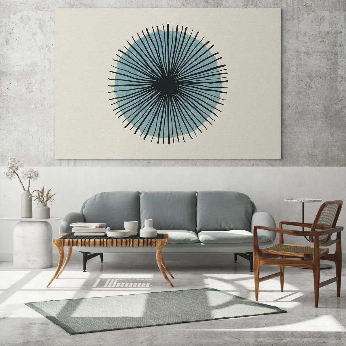 Glass picture - Geometric pattern in shades of turquoise and black - 70x50cm - Rays on Blue - Modern wall decoration for the living room and bedroom ARTTOR
