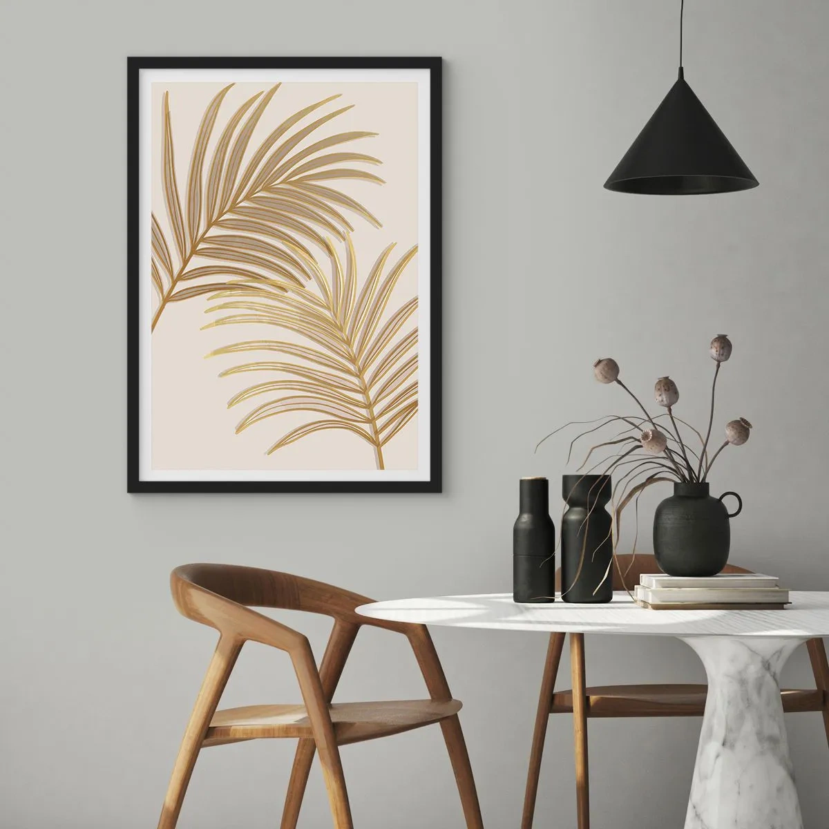 Poster in black frame - Golden palm leaves in a minimalist style on a light background - 50x70cm - Golden Palm! - Modern wall decoration for the living room and bedroom ARTTOR