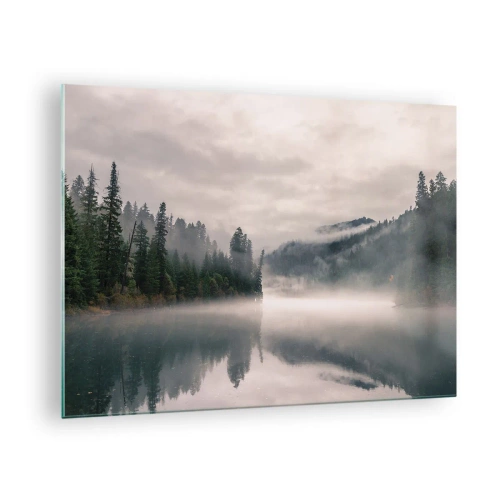 Glass picture - Morning view of a lake in the forest, shrouded in fog - 70x50cm - Musing in the Fog - Modern wall decoration for the living room and bedroom ARTTOR