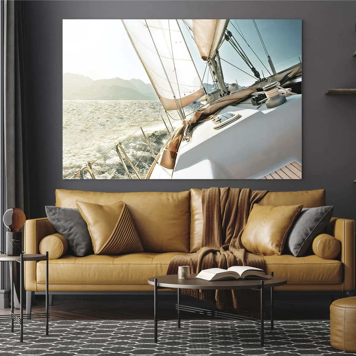 Glass picture - A sailing yacht against the backdrop of mountains and a blue sky - 70x50cm - Full Sail - Modern wall decoration for the living room and bedroom ARTTOR