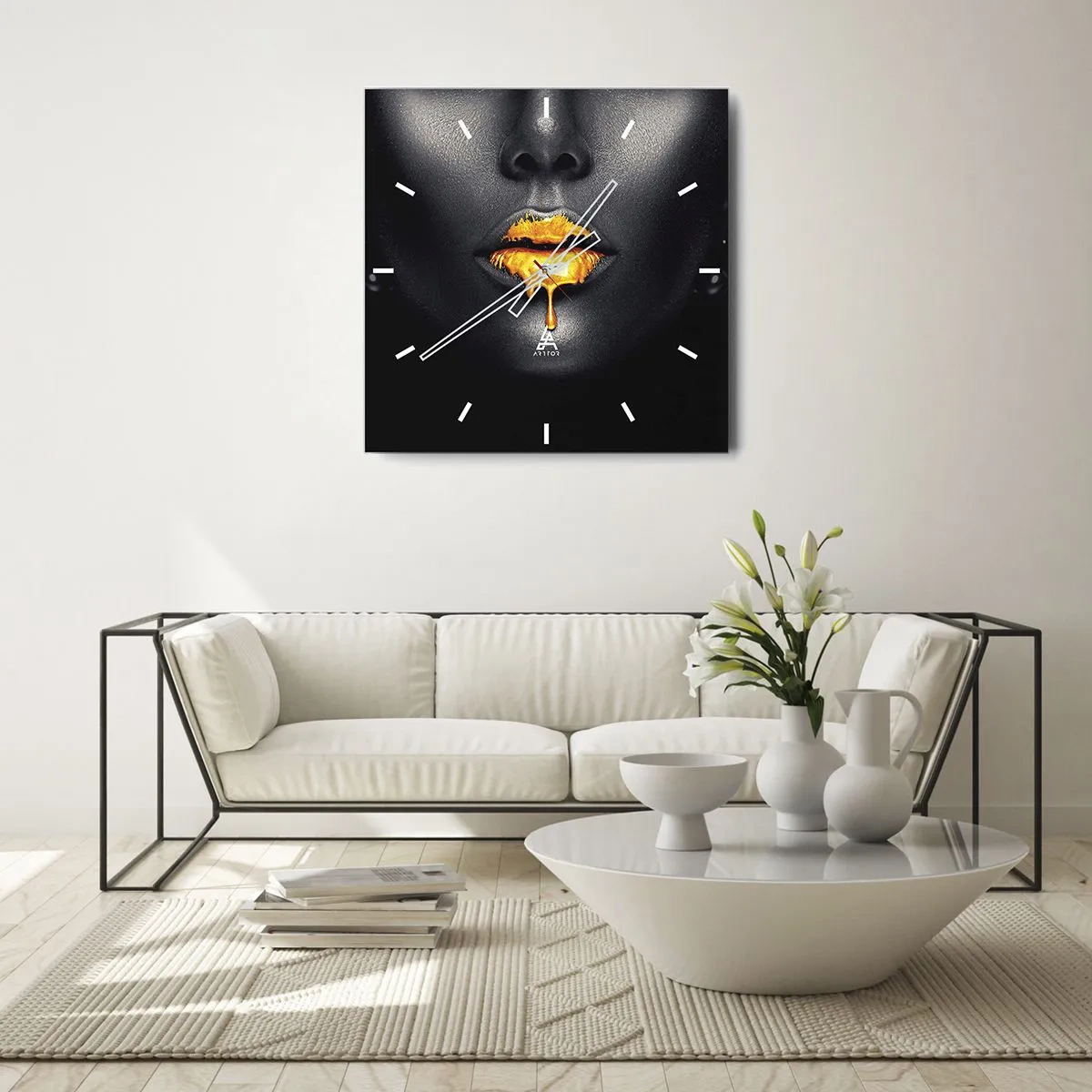 Wall clock - Clock on glass - Golden Lips - 40x40 cm