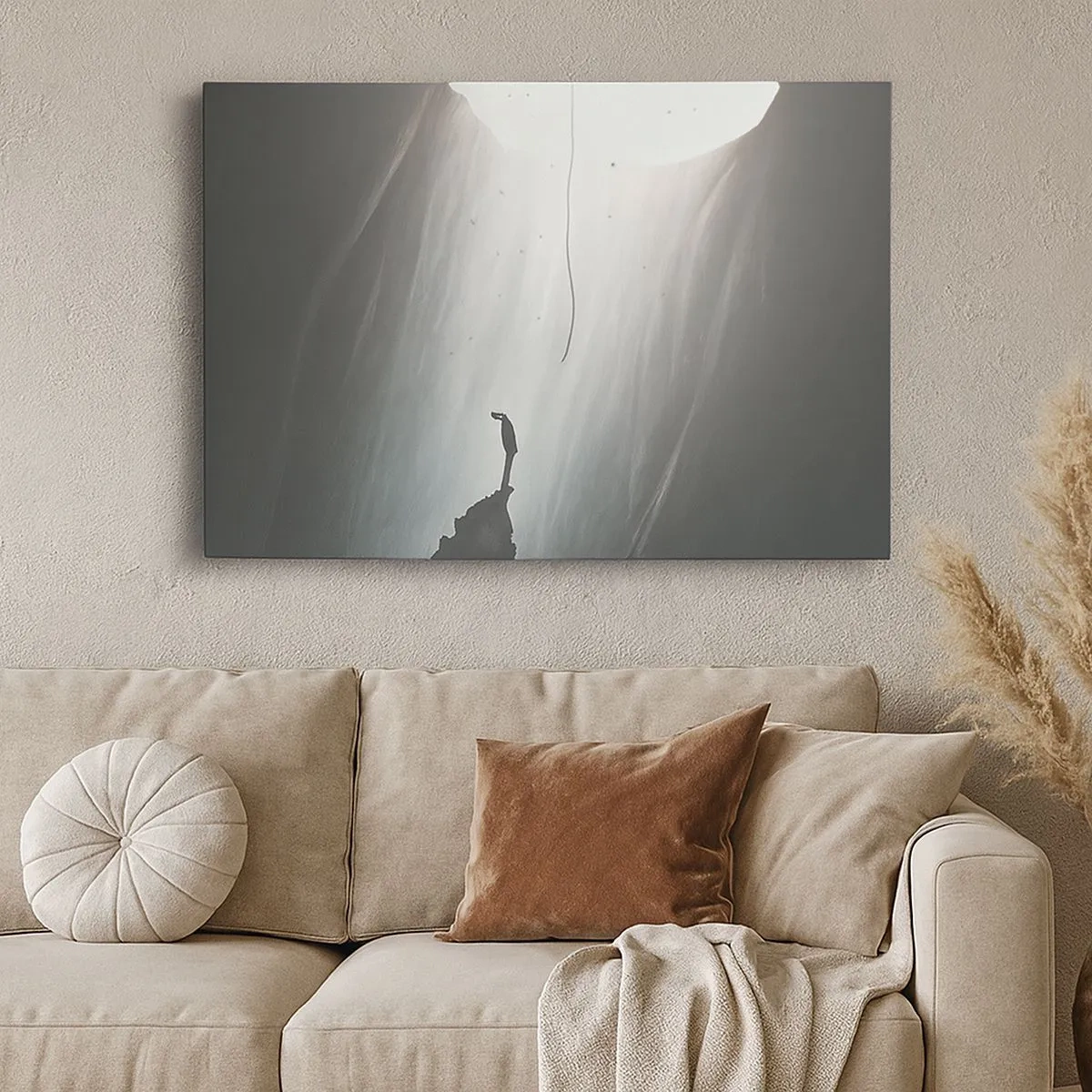 Canvas picture - Silhouette of a man on the floor of a cave with a view of the light - 70x50cm - There Is Always Some Way Out - Modern wall decoration for the living room and bedroom ARTTOR