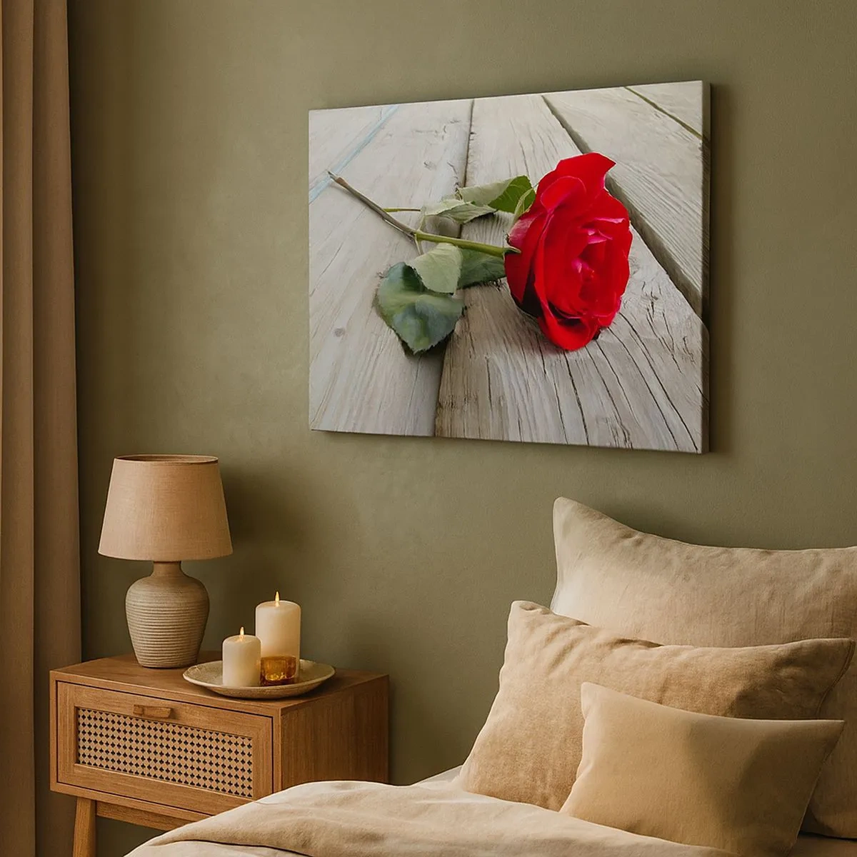 Canvas picture - Red rose on a wooden background - 70x50cm - A Study in Scarlet - Modern wall decoration for the living room and bedroom ARTTOR