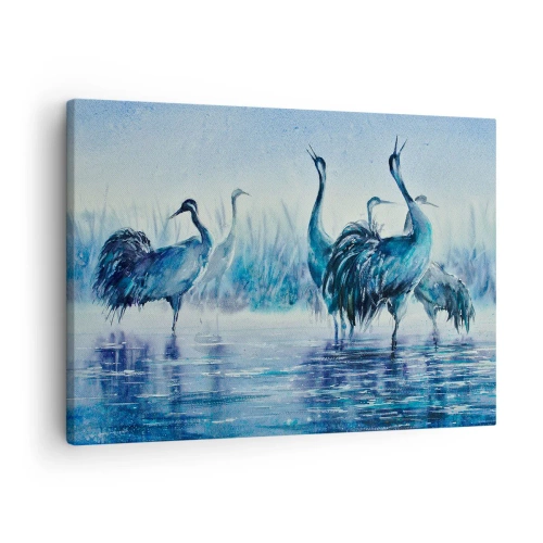Canvas picture - Cranes against the background of fog and water in blue tones - 70x50cm - Morning Encounter - Modern wall decoration for the living room and bedroom ARTTOR