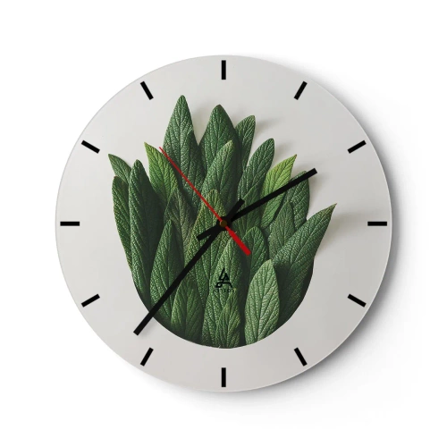 Wall clock - Clock on glass - Green leaves with a distinct texture on a light background - 30x30cm - Untamed Curiosity - Modern wall decoration for the living room, kitchen, and bedroom ARTTOR