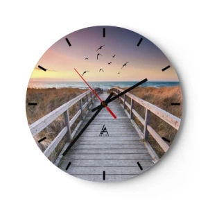 Wall clock - Clock on glass - Wooden footbridge leading to the beach at sunset - 30x30cm - Space of Highs - Modern wall decoration for the living room, kitchen, and bedroom ARTTOR