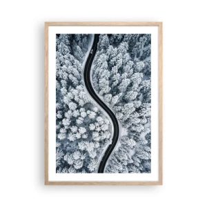 Poster in light oak frame - Through Wintery Forest - 50x70 cm