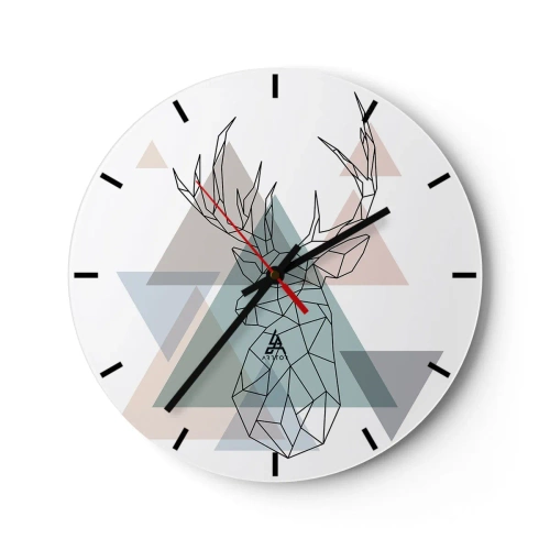 Wall clock - Clock on glass - Geometric image of a deer against a background of triangles - 30x30cm - In a Geometrical Forest - Modern wall decoration for the living room, kitchen, and bedroom ARTTOR