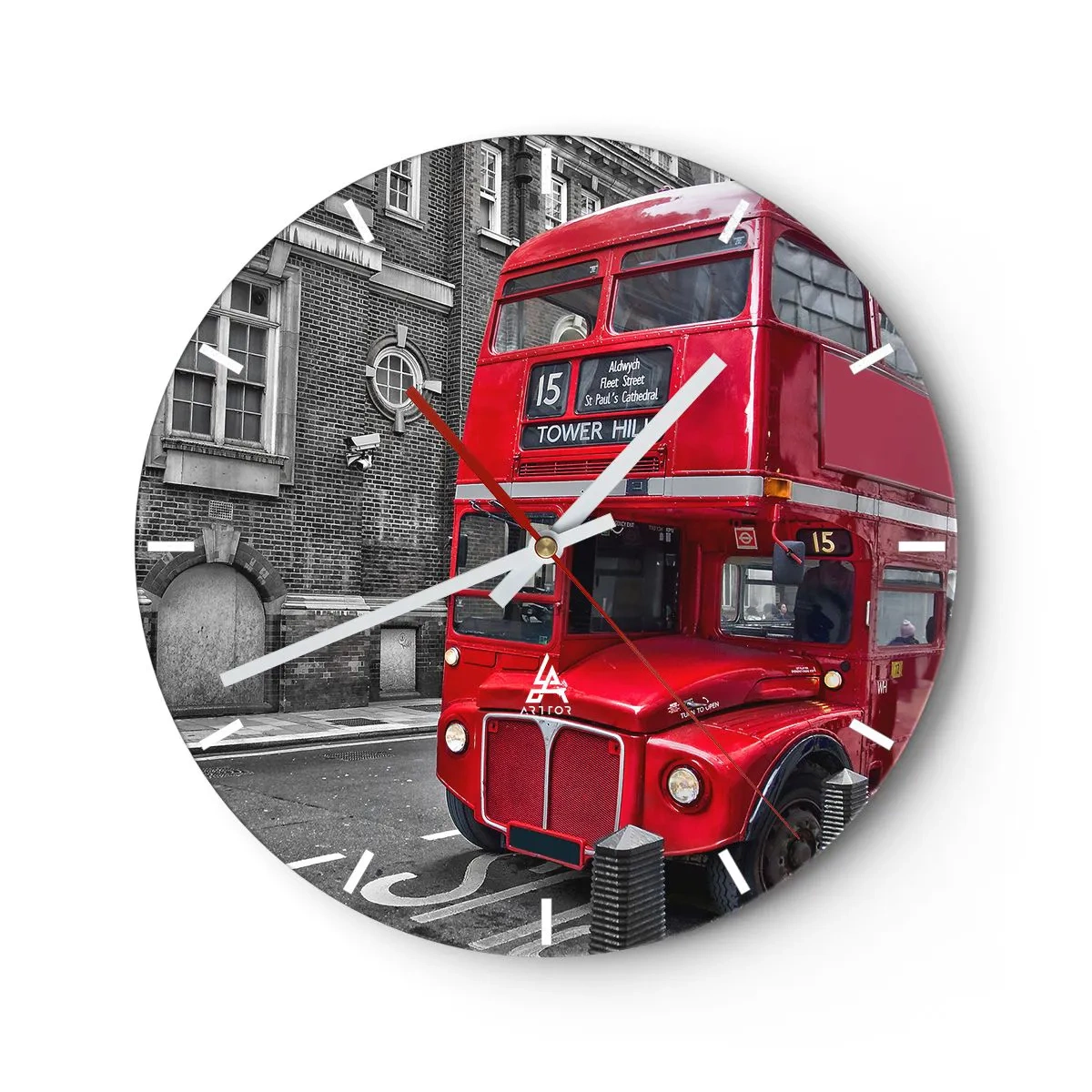 Wall clock - Clock on glass - A red London bus against a backdrop of historic buildings - 30x30cm - Always the Same - Modern wall decoration for the living room, kitchen, and bedroom ARTTOR