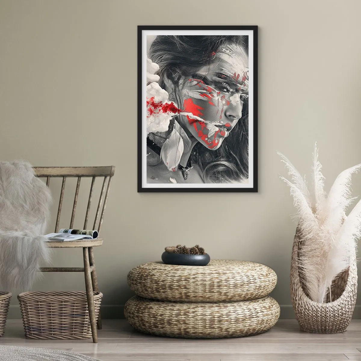 Poster in black frame - Artistic portrait with a red accent - 50x70cm - Smoke of Absurdity - Modern wall decoration for the living room and bedroom ARTTOR