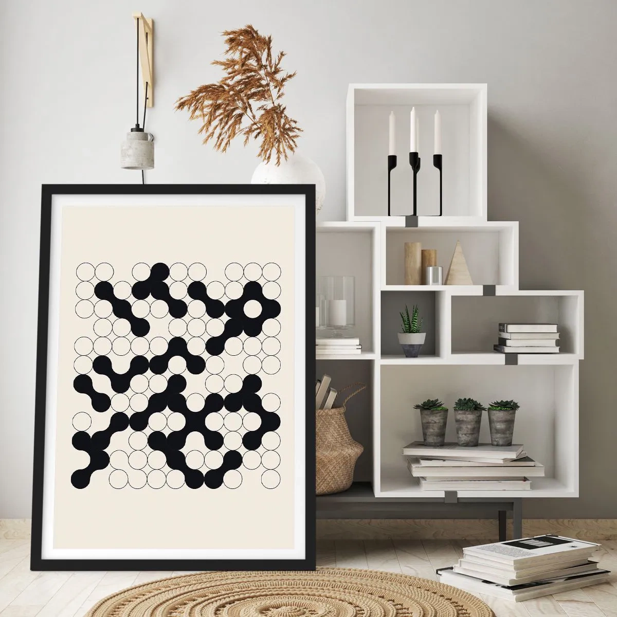 Poster in black frame - Geometric composition of black and white circles - 50x70cm - Chinese Play - Variation - Modern wall decoration for the living room and bedroom ARTTOR