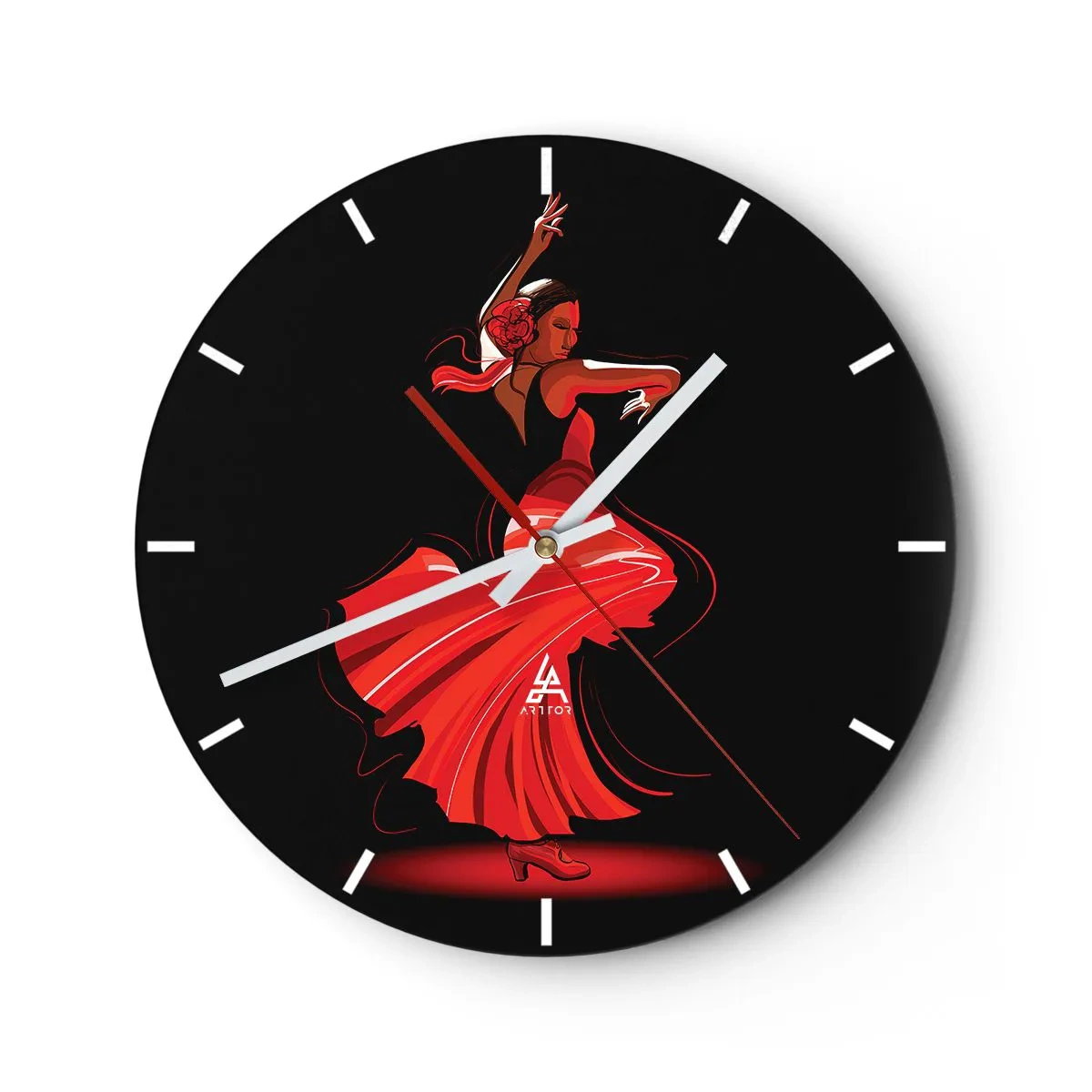 Wall clock - Clock on glass - Flamenco dancer in a red dress against a black background - 30x30cm - Fiery Spirit of Flamenco - Modern wall decoration for the living room, kitchen, and bedroom ARTTOR