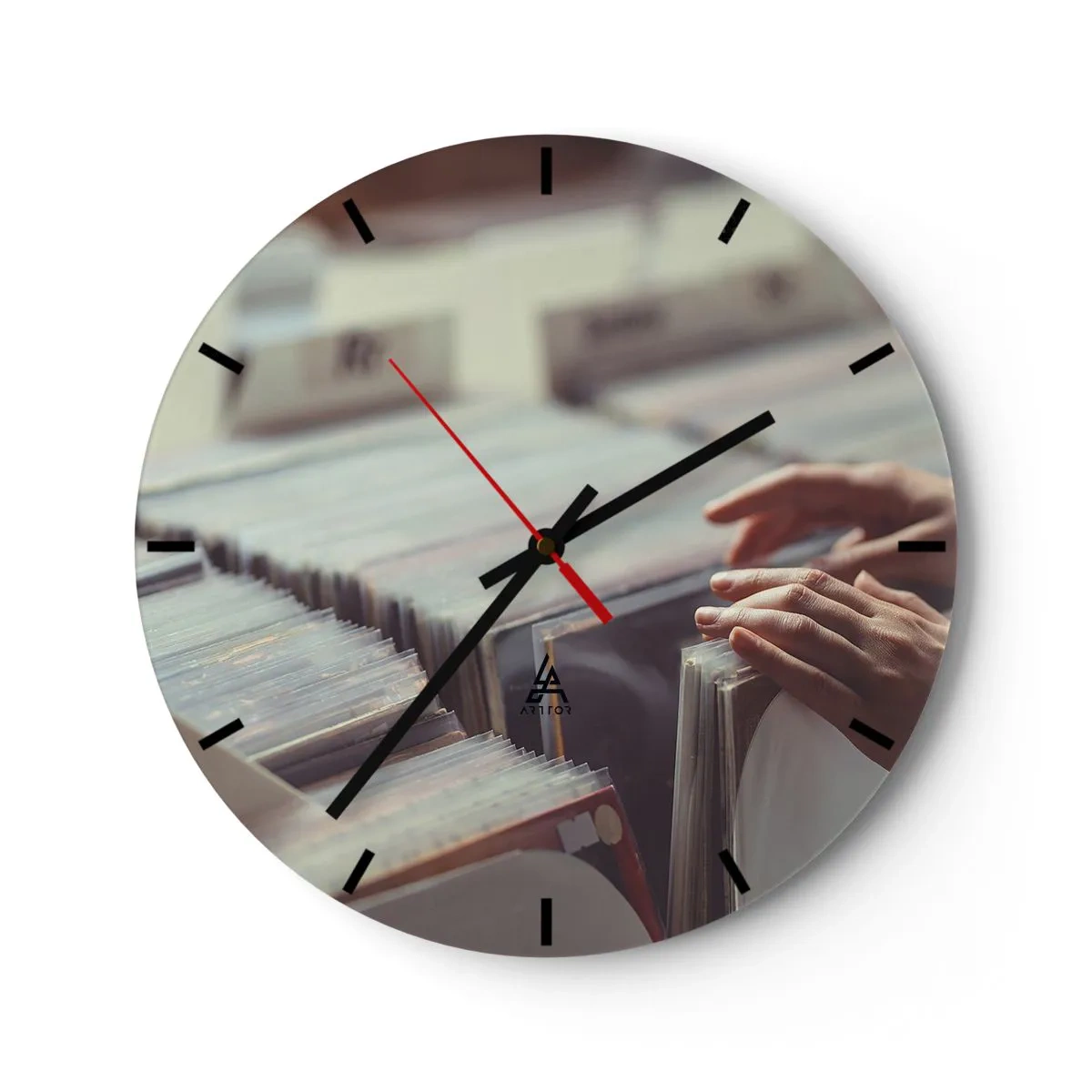Wall clock - Clock on glass - Browsing vinyl in a music store - 30x30cm - In Search of Good Vibes - Modern wall decoration for the living room, kitchen, and bedroom ARTTOR