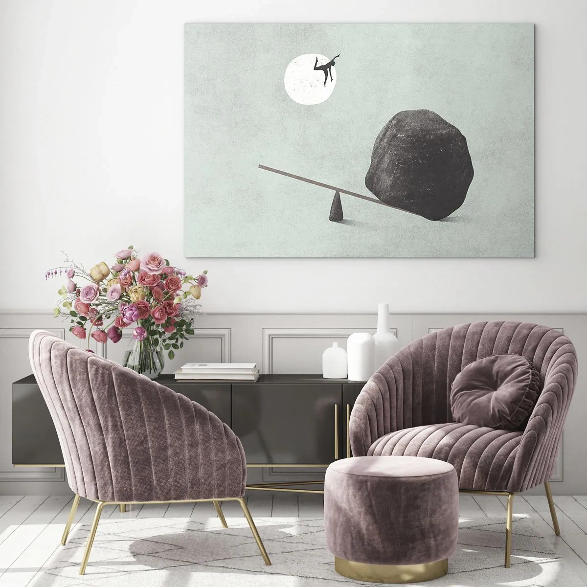 Glass picture - A minimalist scene with a man flying towards the moon. - 70x50cm - Dream Come True - Modern wall decoration for the living room and bedroom ARTTOR