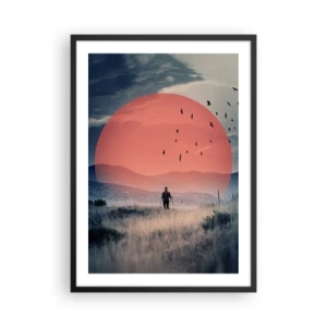 Poster in black frame - A man walking through a field against a red sun - 50x70cm - In Their Elements - Modern wall decoration for the living room and bedroom ARTTOR