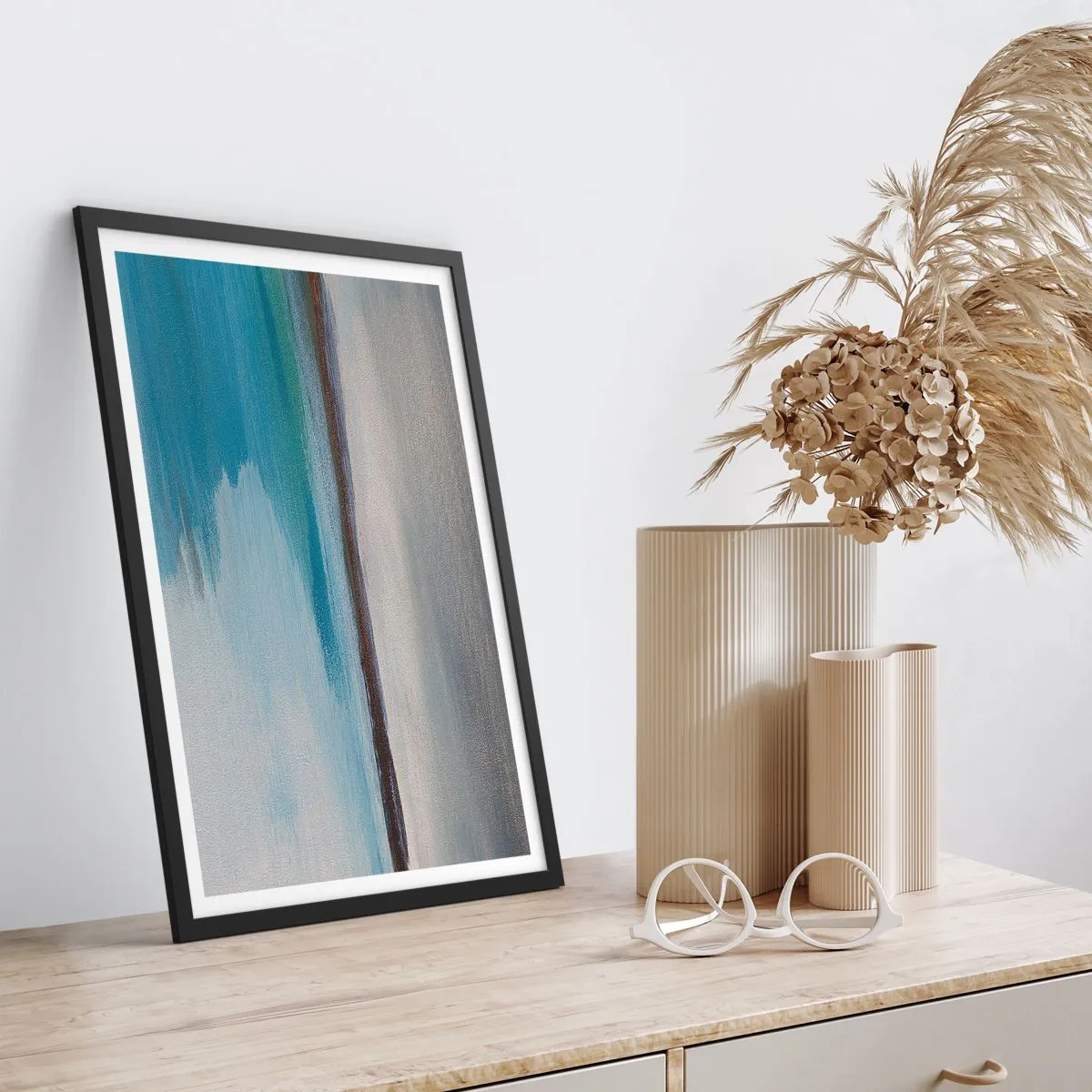 Poster in black frame - Abstract landscape in shades of blue and gray - 50x70cm - Horizontal Landscape - Modern wall decoration for the living room and bedroom ARTTOR