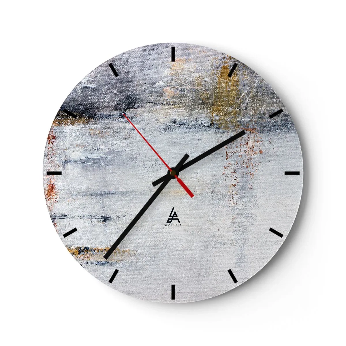 Wall clock - Clock on glass - An abstract composition in shades of gray and gold. - 30x30cm - Behind a Curtain of Air - Modern wall decoration for the living room, kitchen, and bedroom ARTTOR