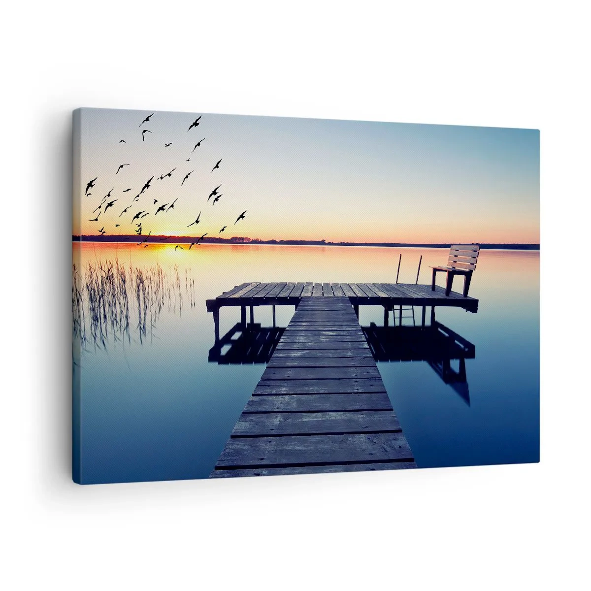 Canvas picture - Wooden pier on a lake at sunrise with birds - 70x50cm - It Was a Good Day - Modern wall decoration for the living room and bedroom ARTTOR