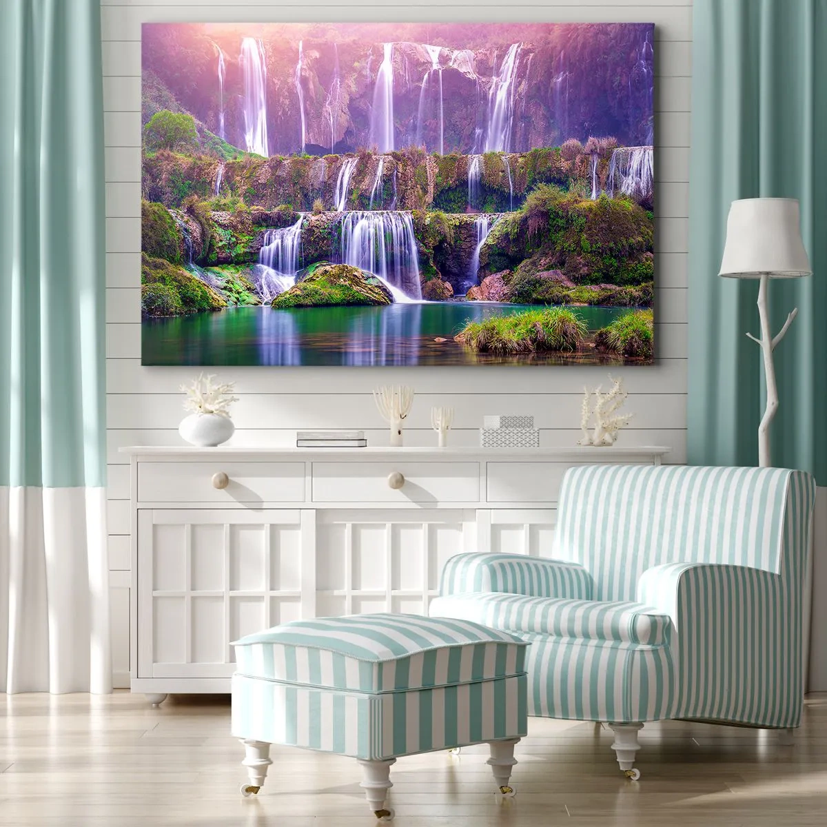 Canvas picture - Waterfalls surrounded by greenery with pastel lighting - 70x50cm - Stairway to Heaven - Modern wall decoration for the living room and bedroom ARTTOR