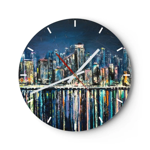 Wall clock - Clock on glass - Night panorama of the city with light reflections on the water - 30x30cm - Cascade Of Lights - Modern wall decoration for the living room, kitchen, and bedroom ARTTOR