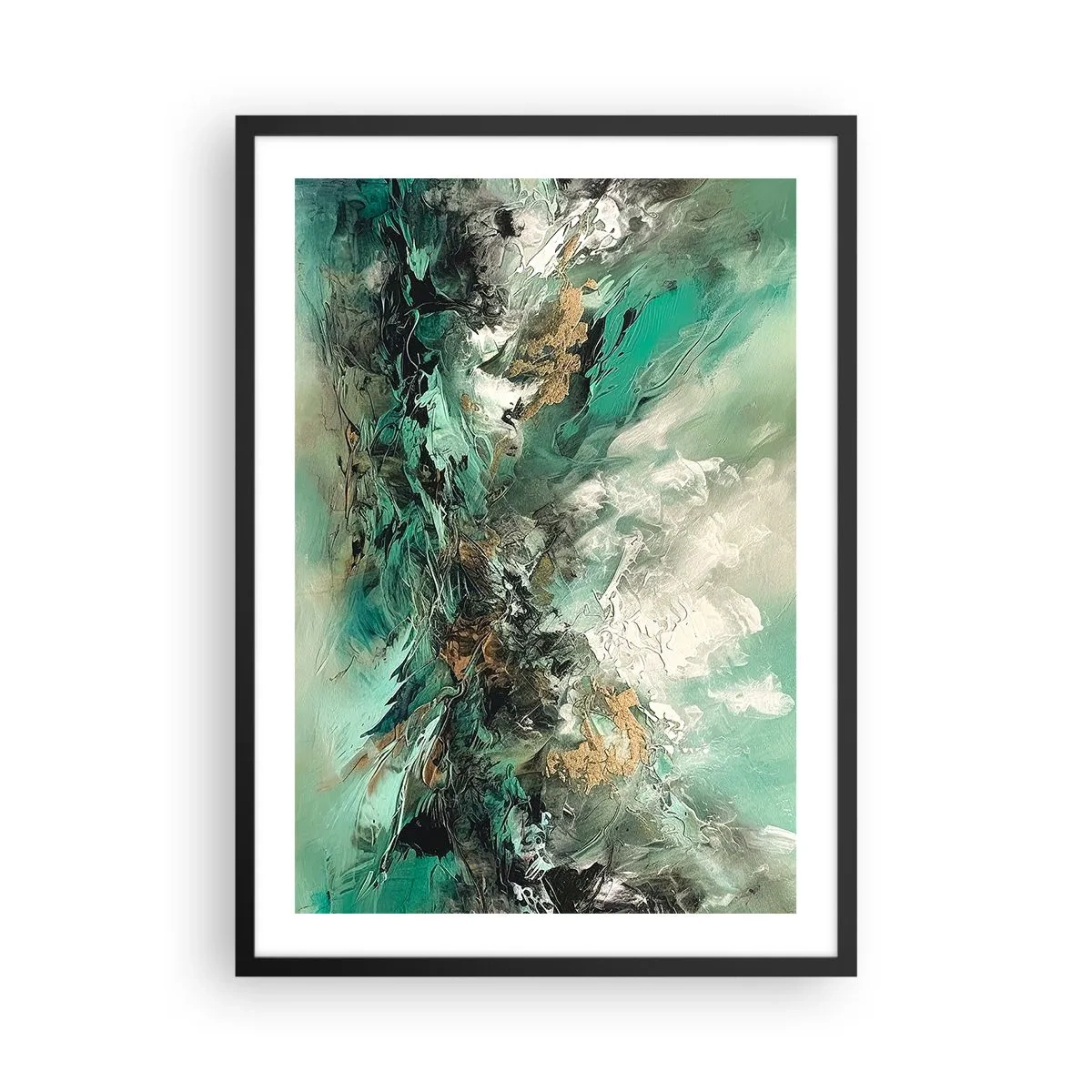 Poster in black frame - Abstract composition in shades of green and gold - 50x70cm - Emerald and Black Lump - Modern wall decoration for the living room and bedroom ARTTOR