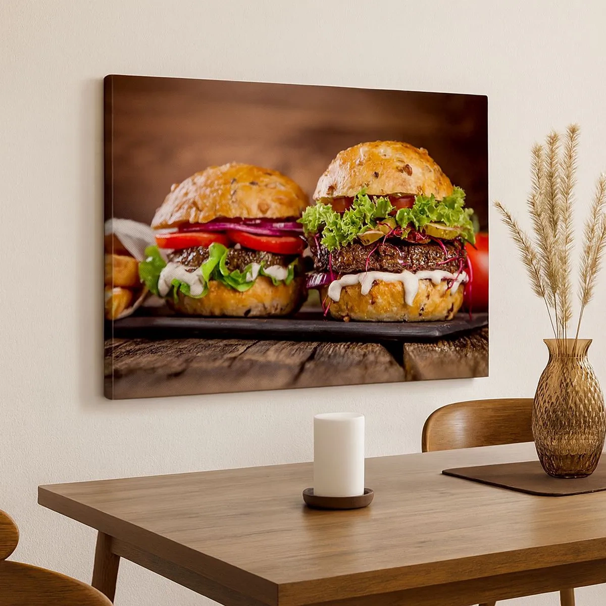 Canvas picture - Appetizing burgers with vegetables and sauce - 70x50cm - American Dream - Modern wall decoration for the living room and bedroom ARTTOR