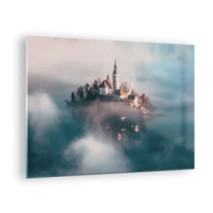 Glass picture - An island with a church surrounded by fog on a calm lake - 70x50cm - Island of Dreams - Modern wall decoration for the living room and bedroom ARTTOR